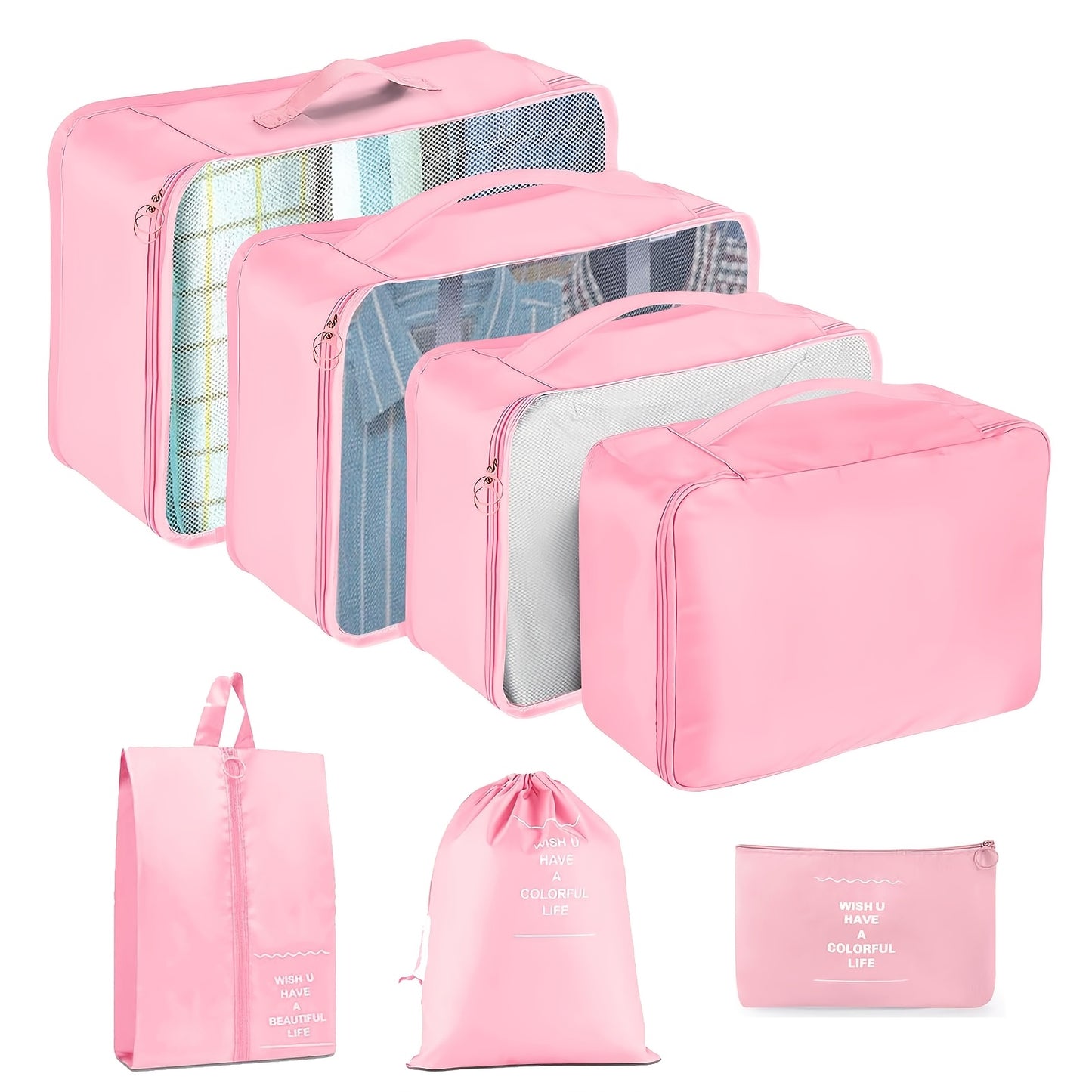 7-piece set of polyester travel organizer bags for large capacity luggage sorting and clothes storage.