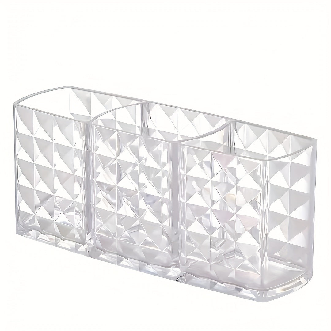 Clear plastic makeup brush holder with large capacity for organizing cosmetics on vanity or bathroom countertop. Lightweight, independent design with no electricity needed. Under 3.2 cubic feet storage and less than 68.58 cm tall. Stylish and clear