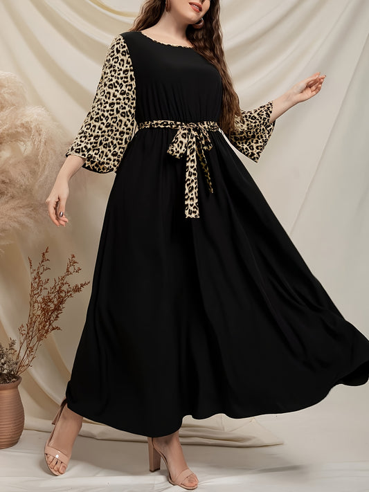 Women's elegant midi dress made of polyester leopard print with lace-up detail, crew neck, flutter sleeves, flared hem, and non-stretch fabric. Includes a belt and is available in big and