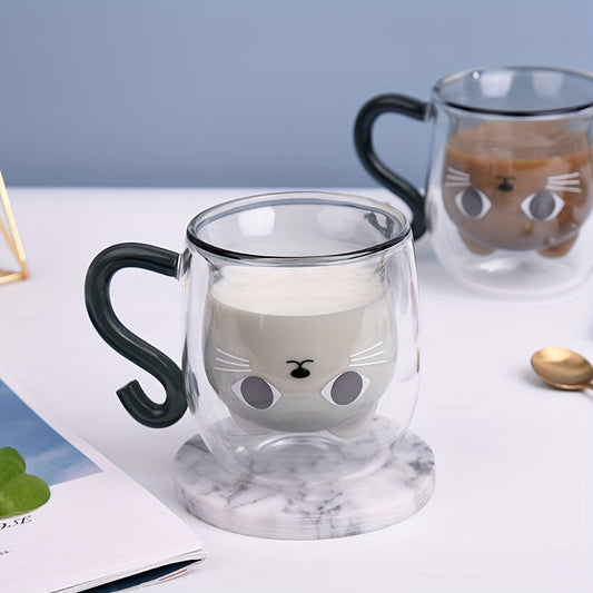 Insulated glass cat mug with handle - perfect gift for cat lovers