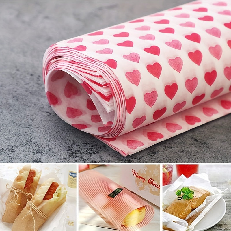 50 pieces of wax paper sheets with a heart pattern design, perfect for wrapping food items such as bread, sandwiches, and burgers. These sheets are greaseproof and waterproof, made with non-stick beeswax material. Ideal for baking, gift wrapping, and