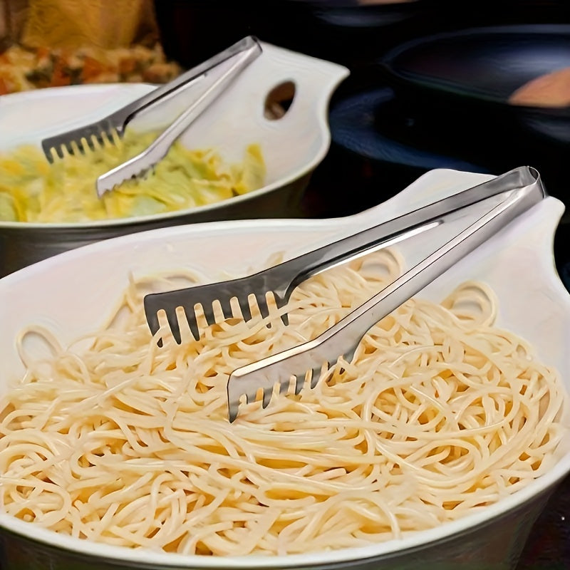 Durable stainless steel pasta tongs for restaurant and home use.