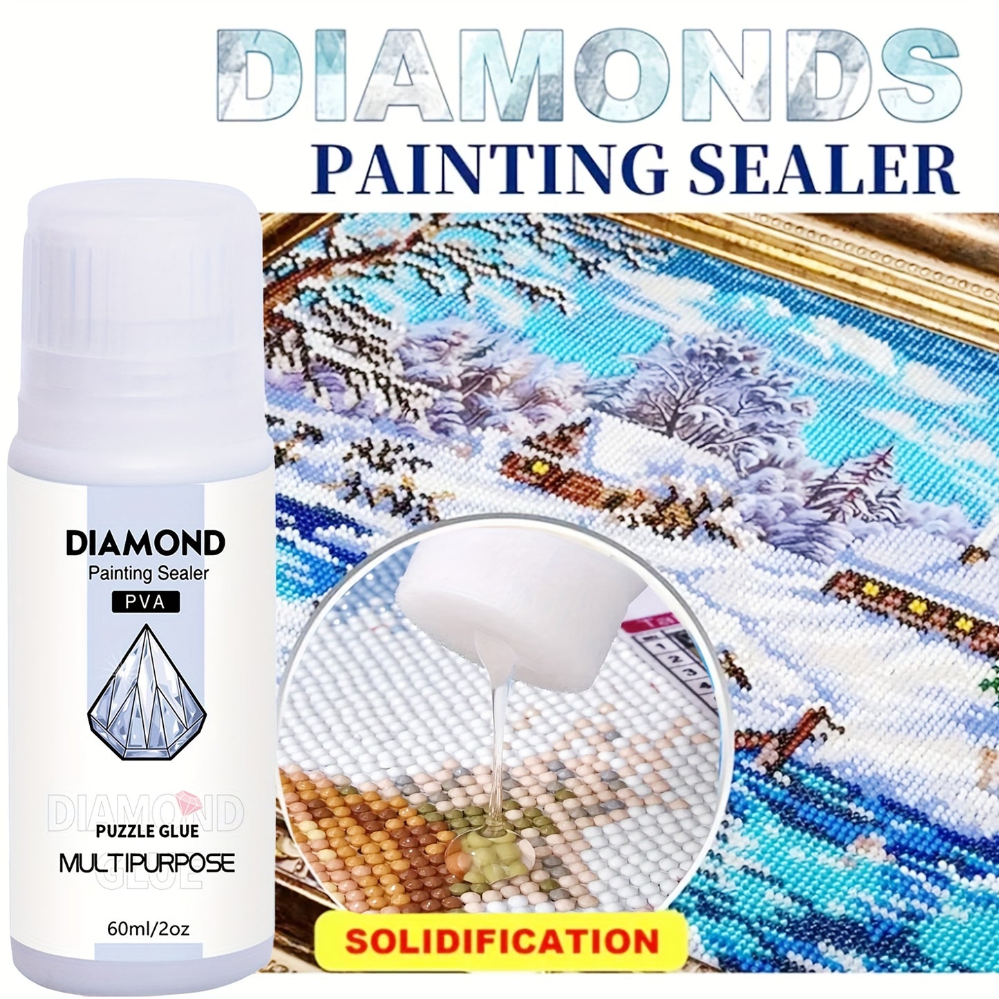 Diamond painting sealer with 3 brushes for permanent hold & shine effect on 5D diamond painting and puzzles, available in 60ml or 200ml.