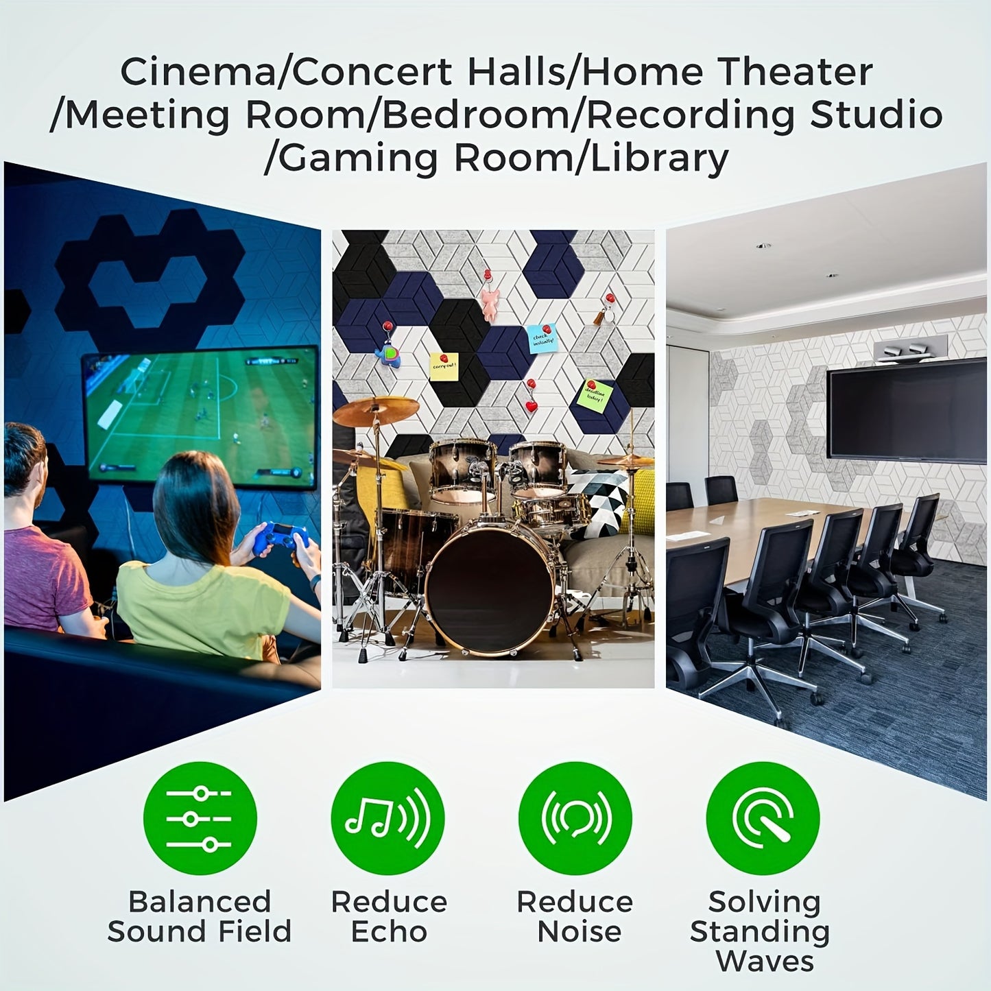 12pcs Hexagonal Acoustic Panels - self-adhesive soundproof wall treatment with beveled edges, for home studios and offices.