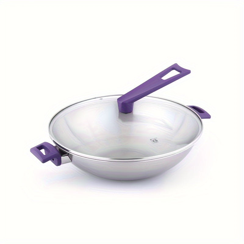 One piece of 35.56 cm stainless steel wok with a glass lid, featuring a large capacity and suitable for all stove types. Ideal for stir fry cooking.