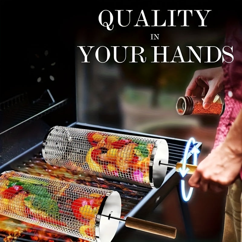 304 stainless steel grill baskets with detachable wooden handles, ideal for grilling veggies and shrimp outdoors or while camping