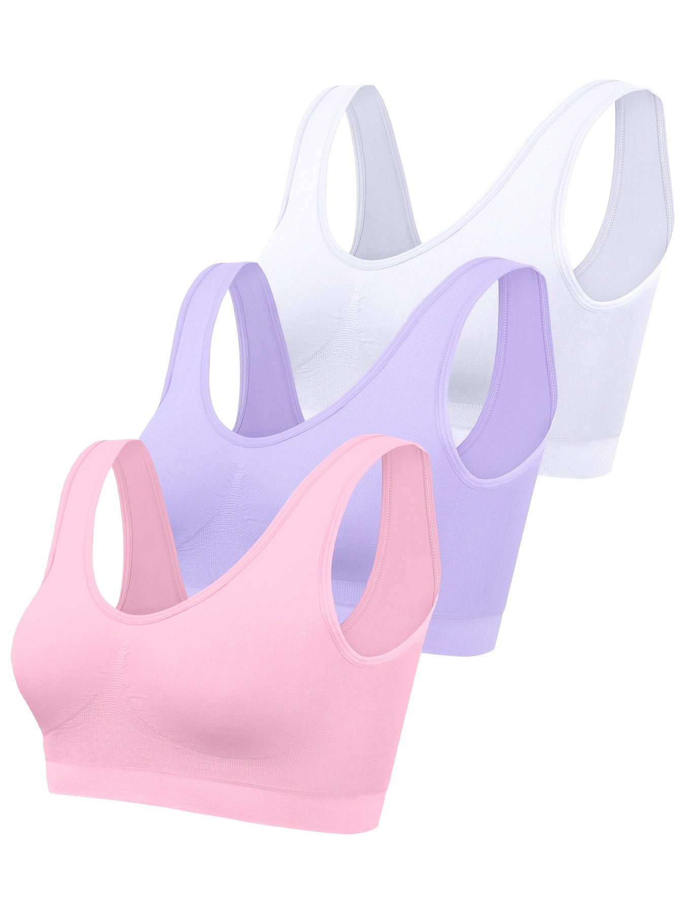 3 pack of seamless single layer sports bras for women, high support crop tops without padding, suitable for adult female activewear.