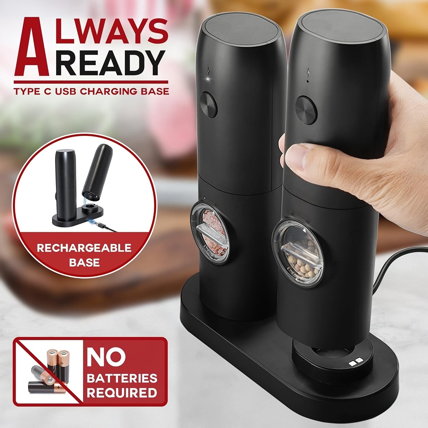 Portable Two-Pack with Charging Base containing LED Light Electric Tool for grinding Sea Salt, Black Pepper, and Seasoning Salt with automatic adjustable grinding feature.