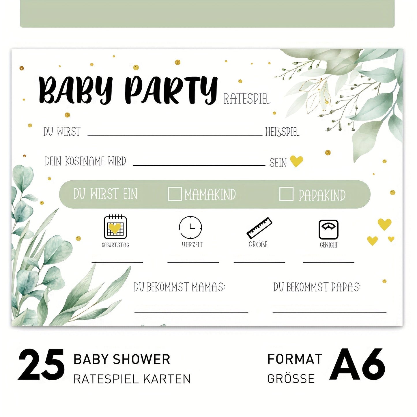 25 Double-sided Cards for Kids' Party Games - Featuring Eucalyptus Golden Decoration Design in German - Enhance Your Youngsters' Party with Fun and Creativity