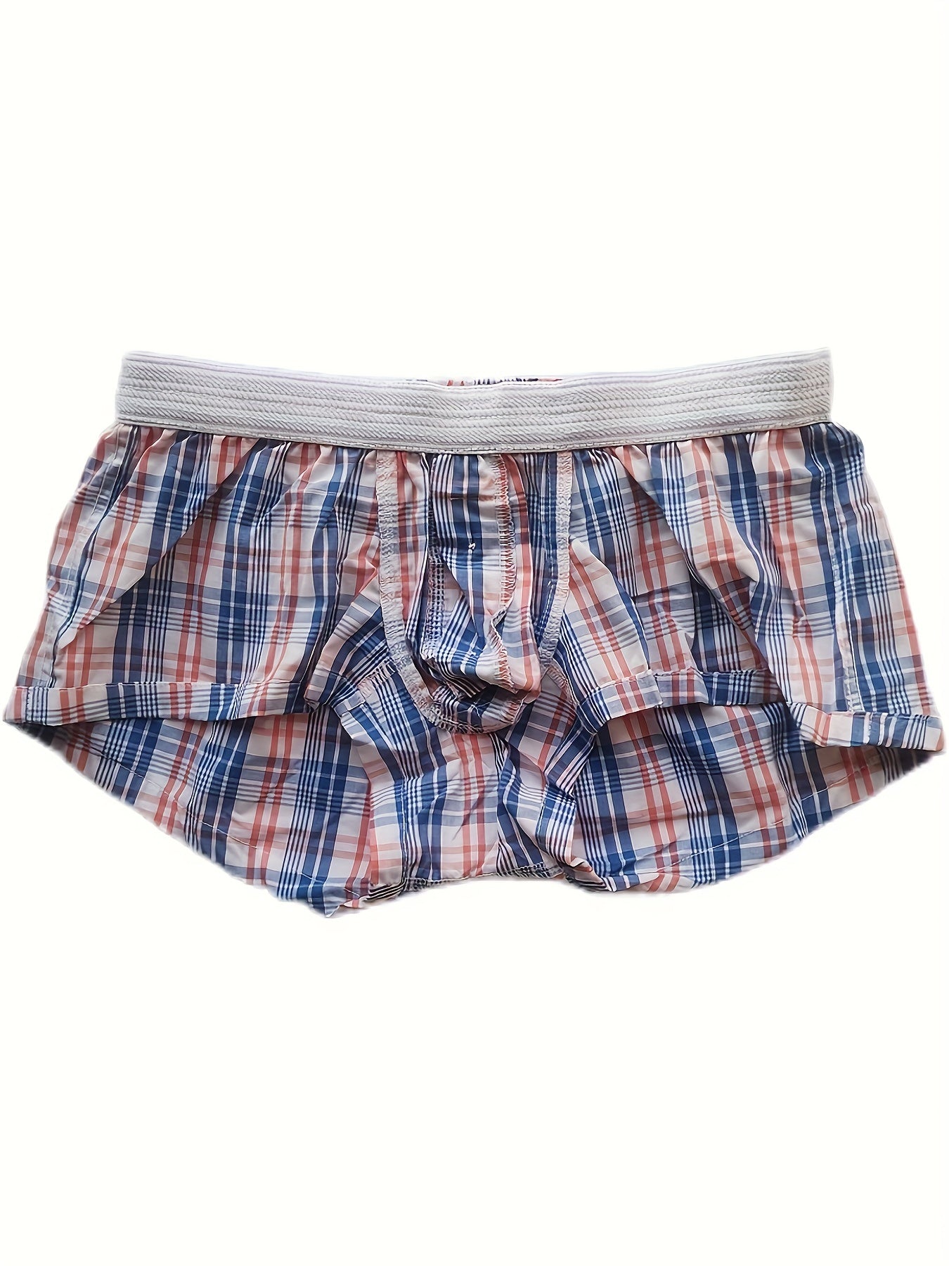 Men's flat corner underpants with front button opening, made of thin pure cotton, low waist sexy plaid shorts.