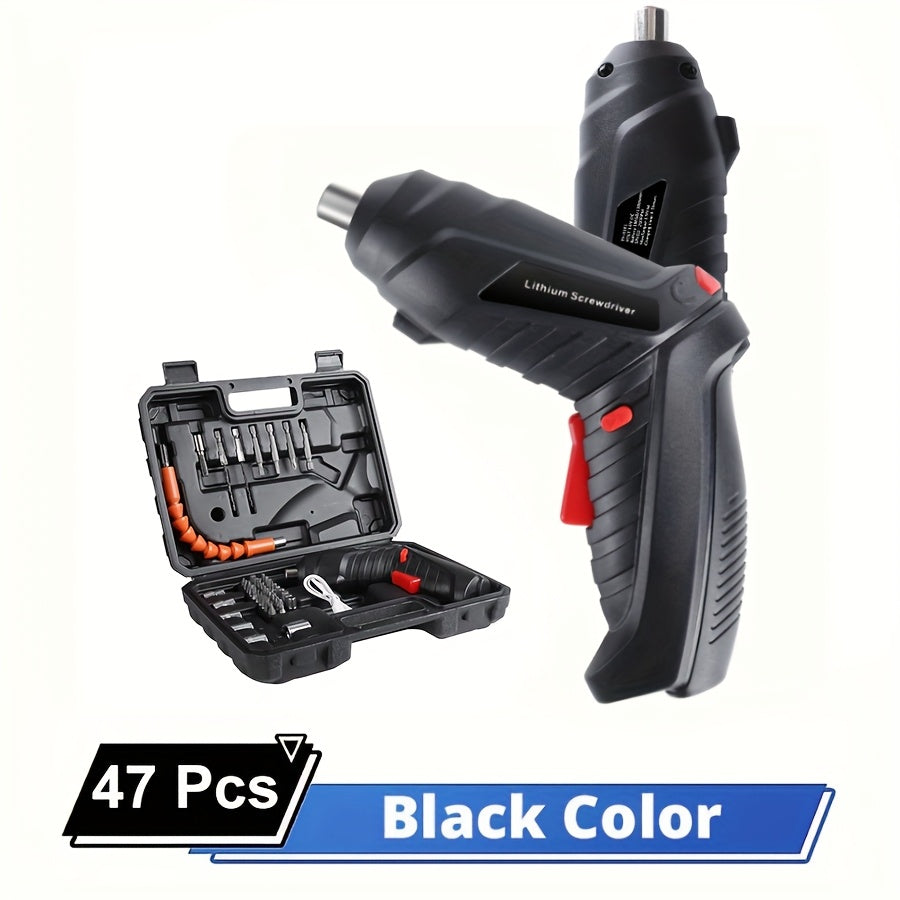 Set of power tools with lithium battery, electric drill, and cordless screwdriver in 2, 14, 26, or 47 pieces.