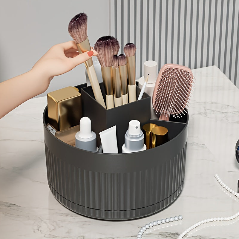 1pc Sleek Black Rotating Makeup Organizer with Large Capacity and 5 Compartments for Brushes, Skincare, and Beauty Essentials. Odorless Plastic Design ideal for Bedroom & Bathroom Decor.