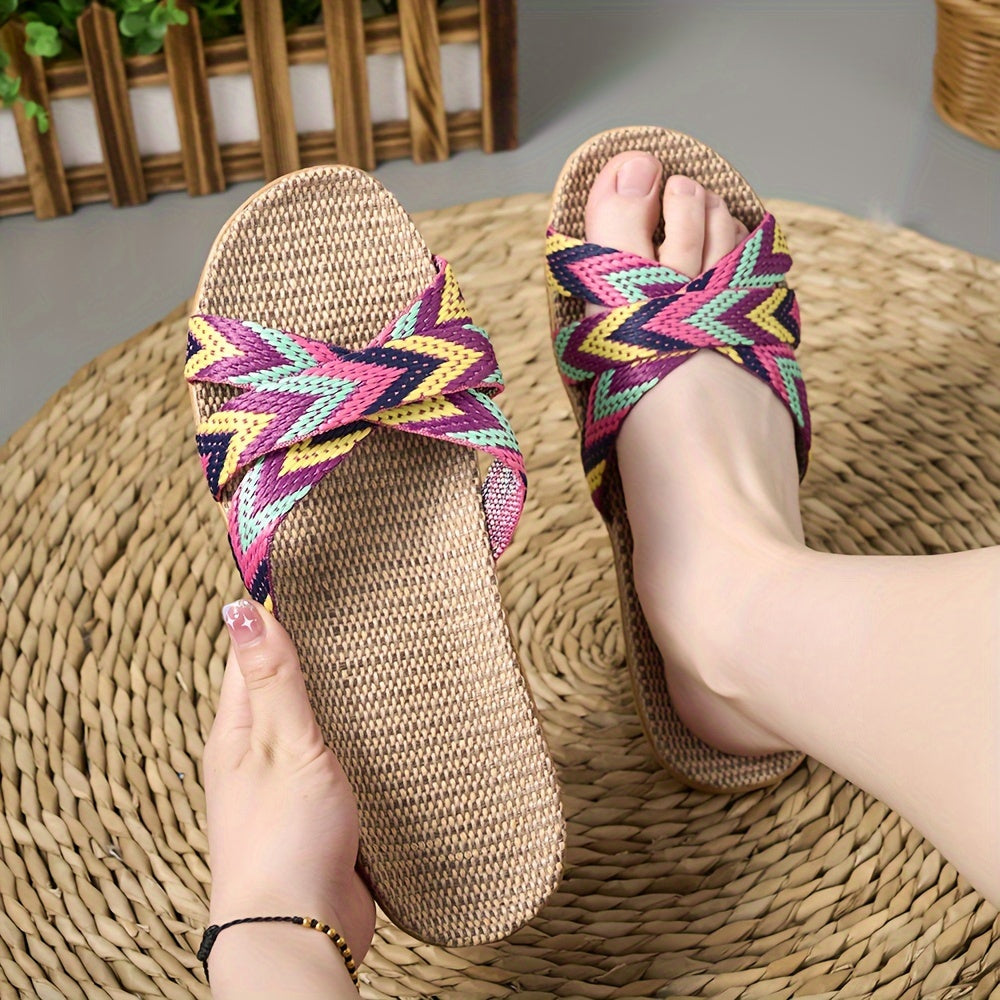 Women's Striped Linen Slippers - Comfortable Summer Fashion with EVA Sole