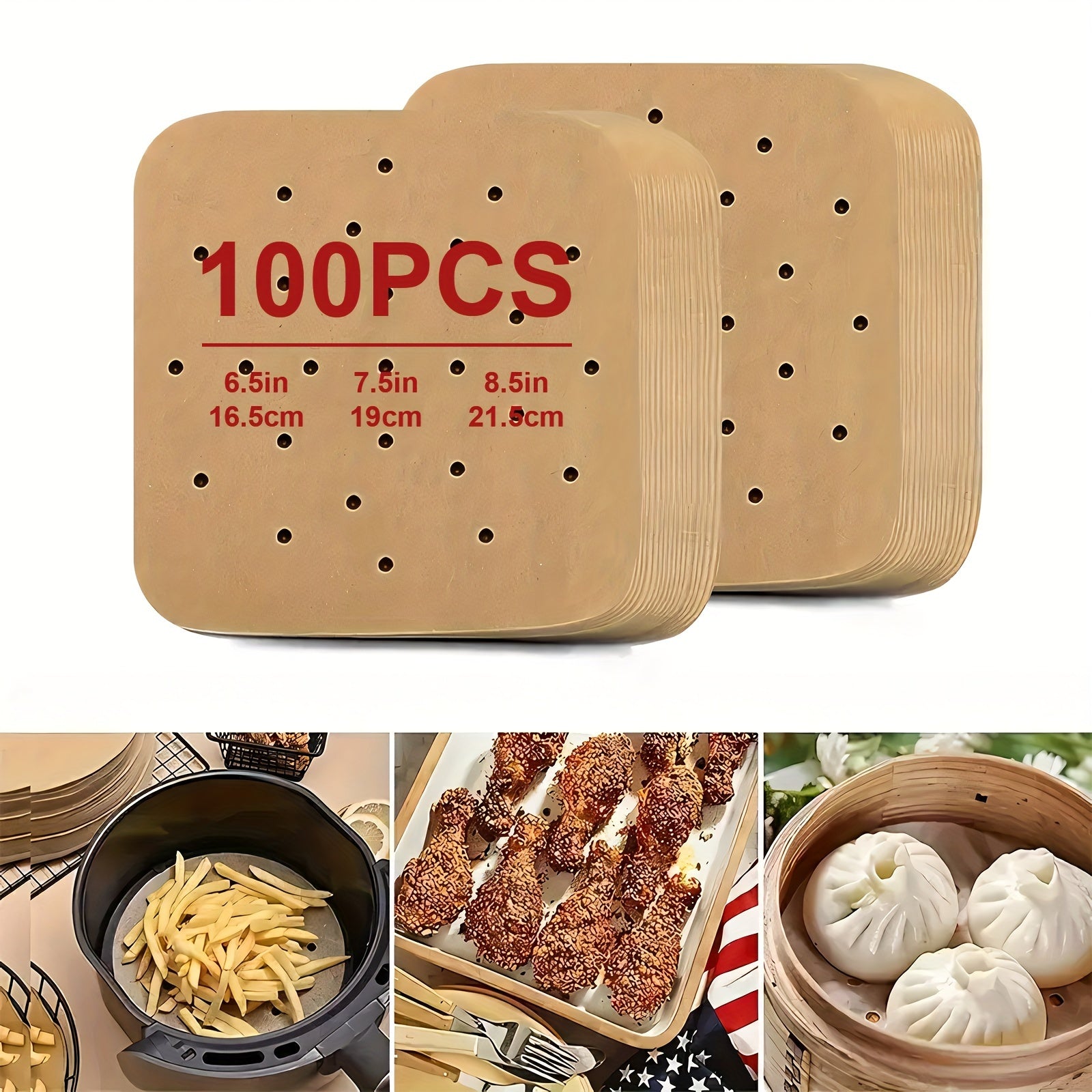 Get 100 square parchment paper liners for your air fryer in three different sizes (16.51cm, 19.05cm, 21.59cm). Perfect for healthy cooking, baking, and steaming in both air fryers and ovens. A convenient accessory for any air fryer.