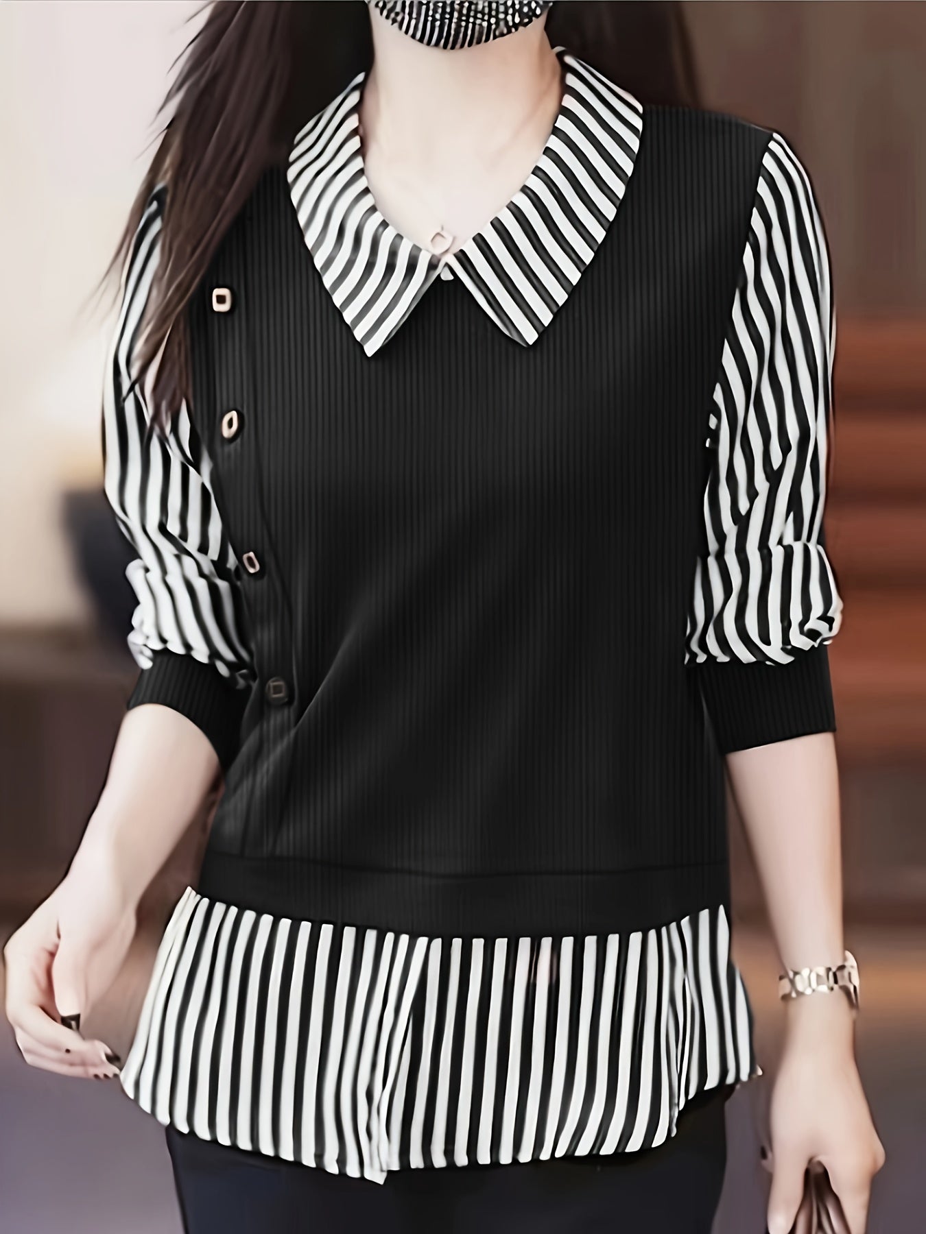 Stripe Print Faux Twinset Blouse for Spring & Summer, Women's Casual Three-quarter Sleeve Top.