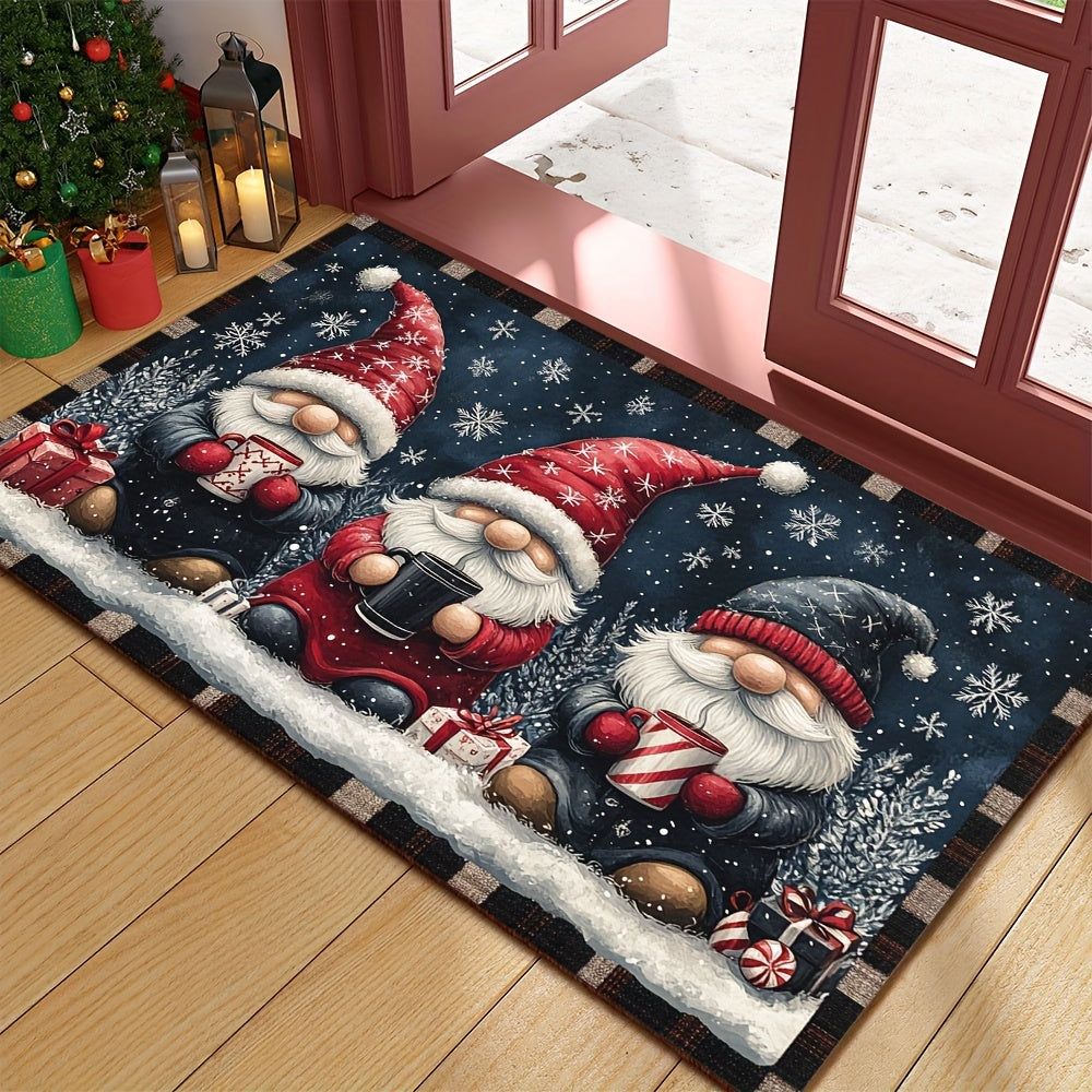 Get into the holiday spirit with the Festive Christmas Gnome Doormat! This non-slip, washable doormat is made of polyester with a rubber backing for durability. Machine-made in a rectangular shape, this welcome mat is perfect for home decor. Lightweight