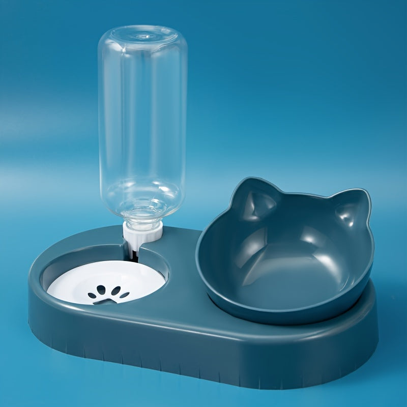 Automatic water dispenser with non-tip design for cats and small dogs, includes gravity-fed water bottle. Compact and sturdy blue plastic feeding station for pets.