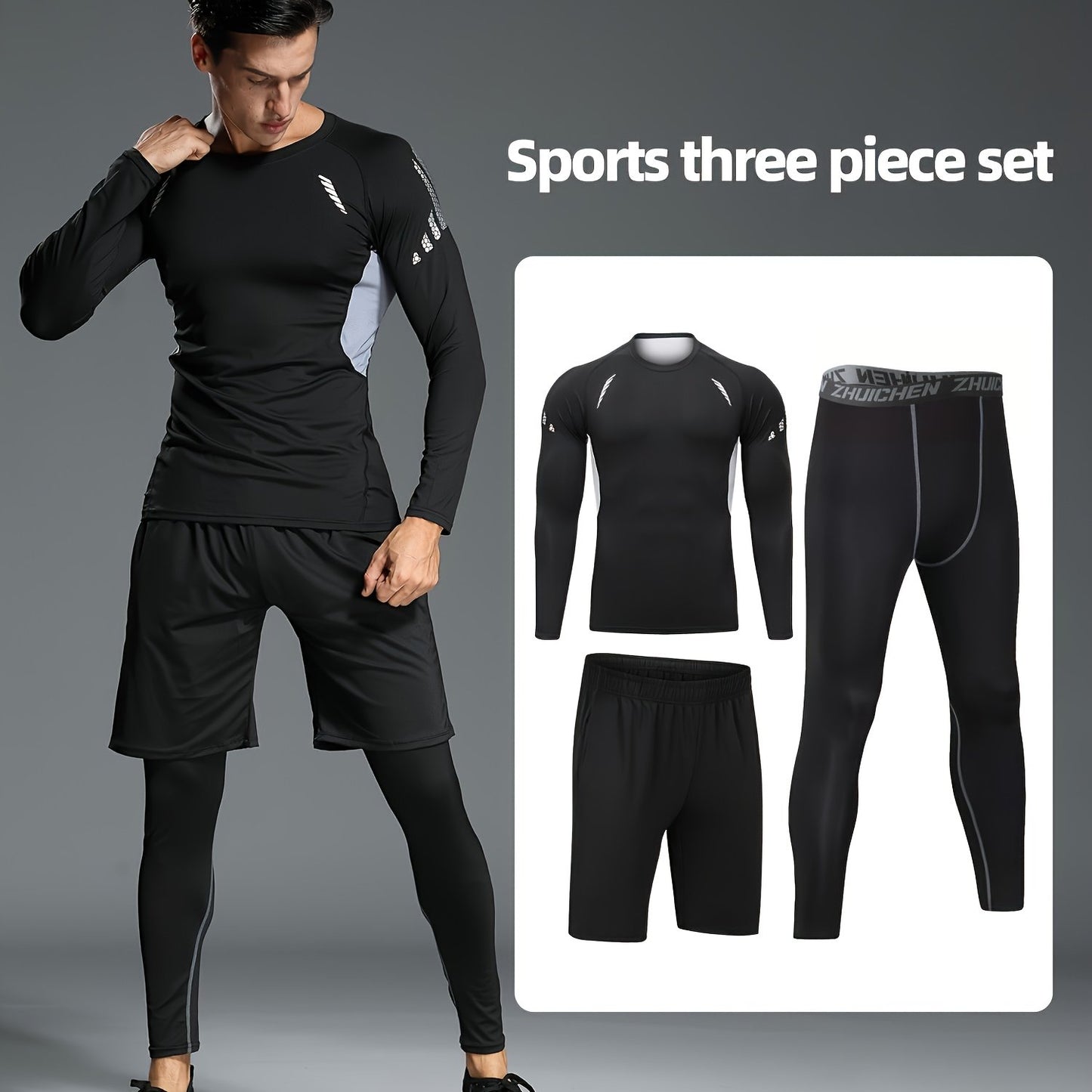 Men's 3-piece athletic set: quick-dry, stretchy running and gym gear for spring/fall workouts