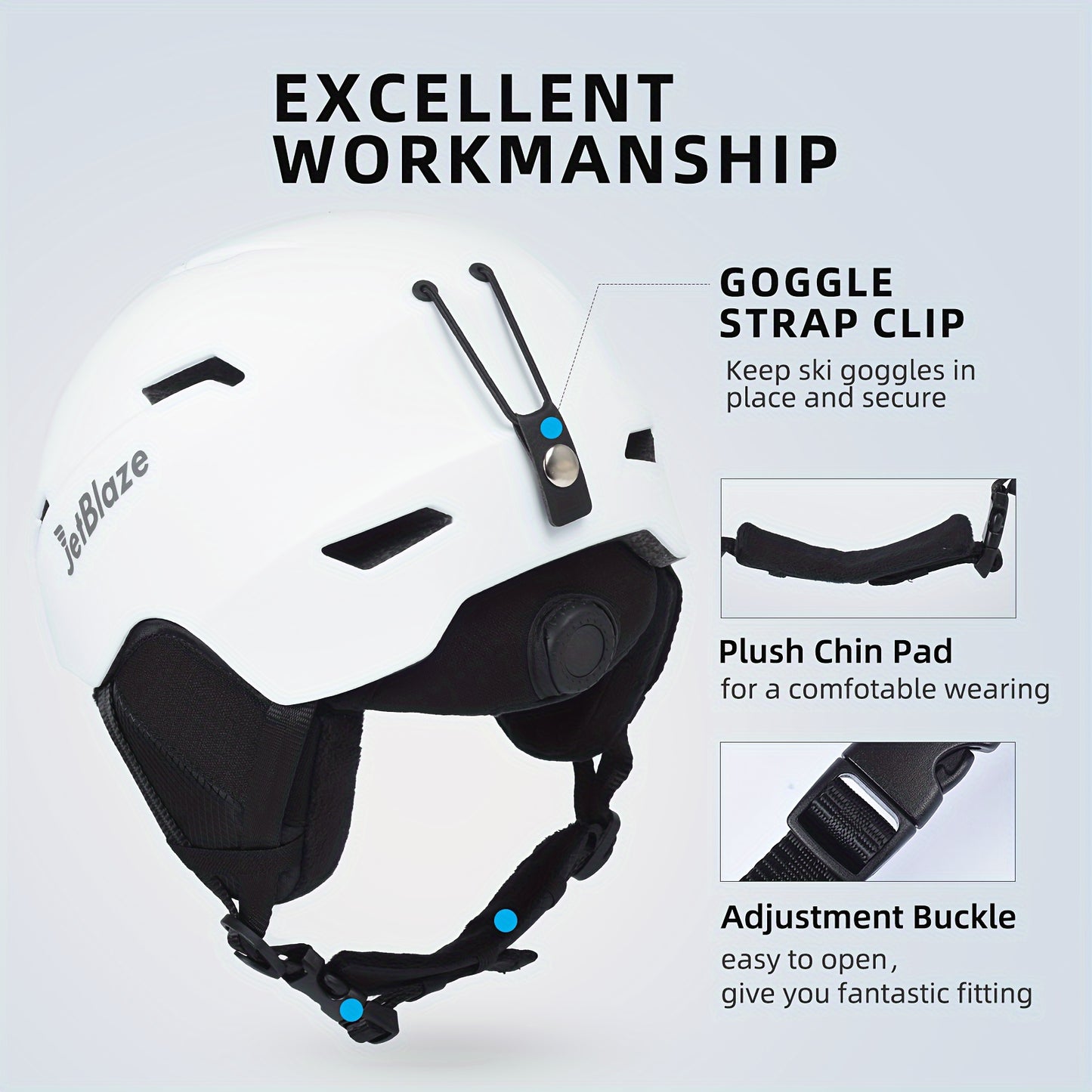 JetBlaze ski helmet with adjustable fit, shock-absorbing shell, and removable ear pads.