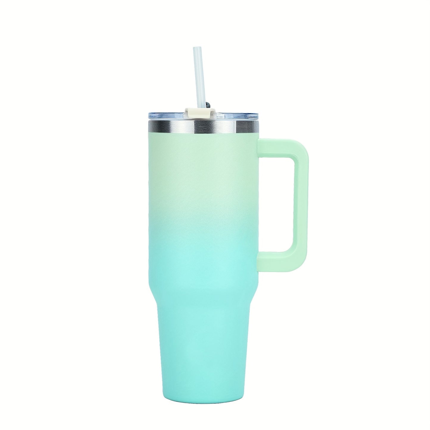 30-40 oz stainless steel vacuum tumbler with handle and straw for hot or cold beverages, includes straw.