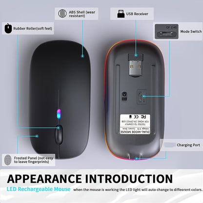 Slim wireless mouse with 2.4G+BT technology, USB receiver, and anti-slip scroll wheel, suitable for laptops and computers.