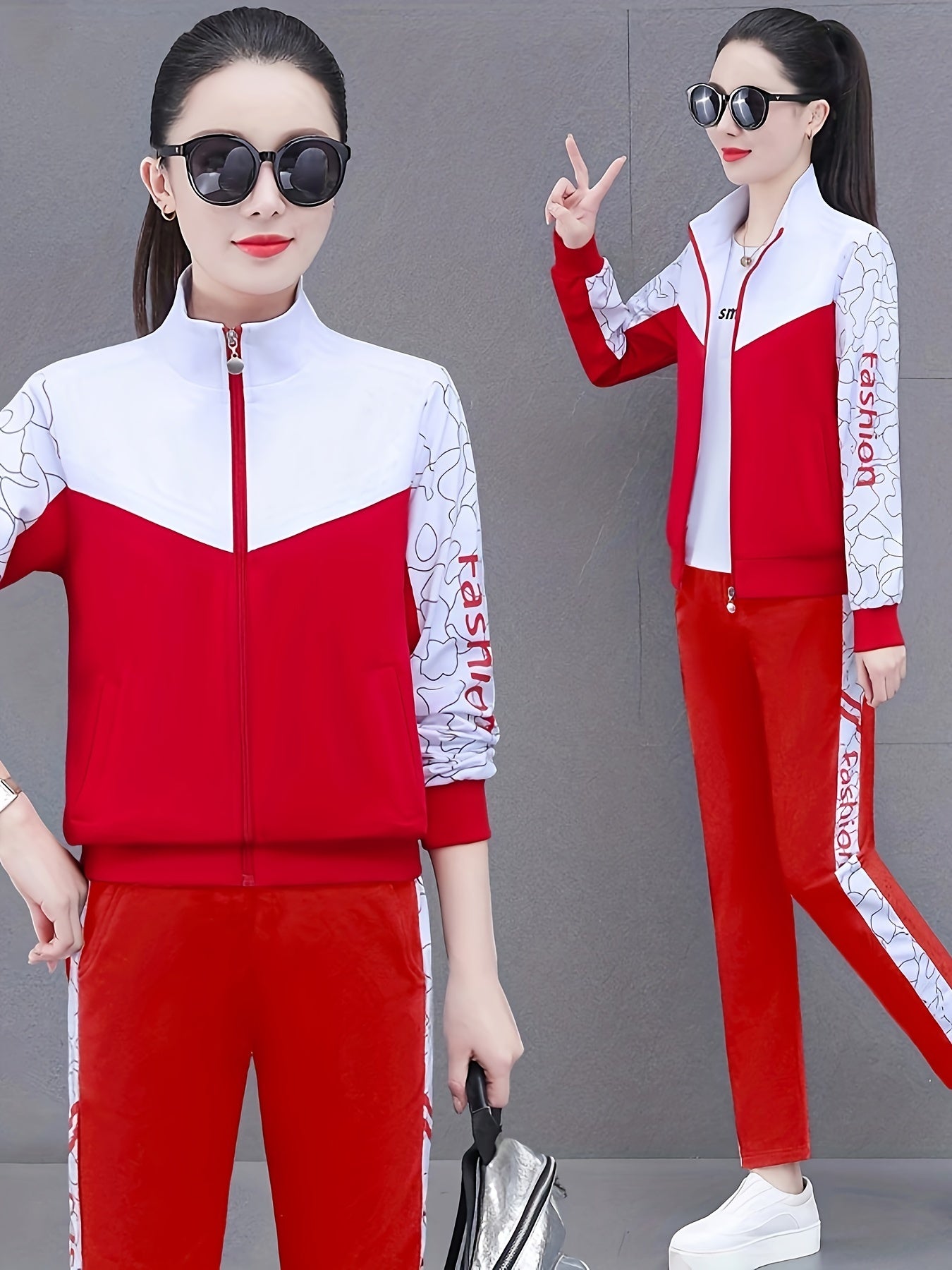 Women's two-piece cardigan jacket sports suit for spring and autumn with long sleeve trousers for casual outdoor wear.