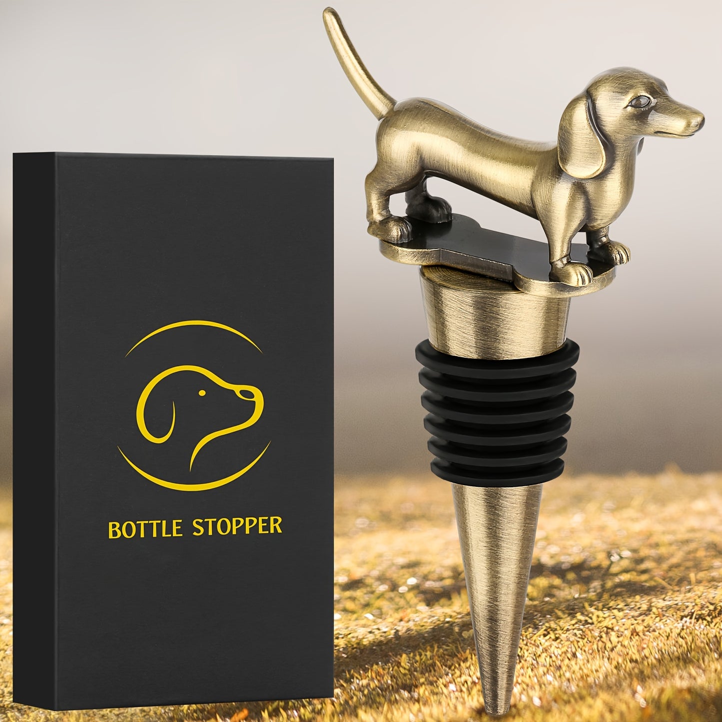 Zinc Dachshund-shaped wine and champagne bottle stopper for bar preservation.