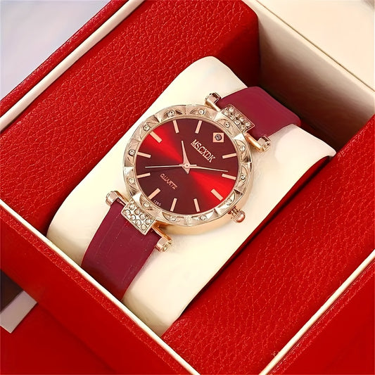 5-Piece Ladies Quartz Watch Set with Heart Jewelry - Red Dial, PU Leather Band, Zinc Alloy Case, Non-Analog Watches with Matching Necklace, Ring, and Earrings