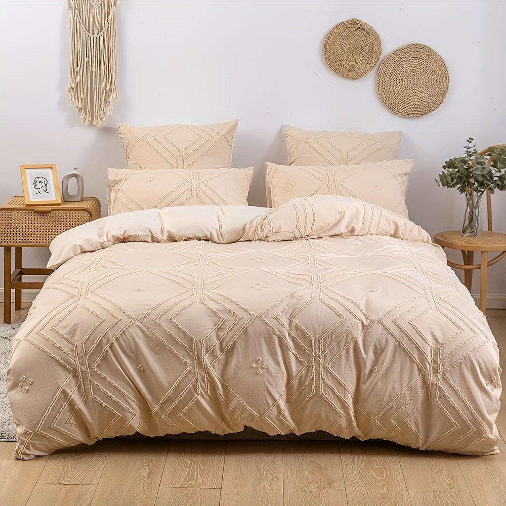 Boho Tufted Duvet Cover Set 1 ta Duvet Cover va 1 yoki 2 ta Yostiq qopqog'ini o'z ichiga oladi (Yadro kiritilmagan). Geometrik Tekstura dizayni va Zipper yopilishi bilan ta'minlangan, bu Yumshoq va Yengil to'shak to'plami barcha fasllar uchun mukammaldir.