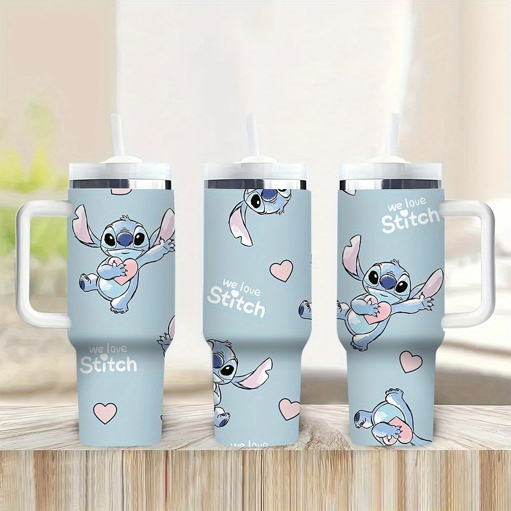 Disney Stitch 40oz stainless steel water bottle with lid and straw, leak resistant, double walled vacuum insulated, large capacity, perfect for travel.