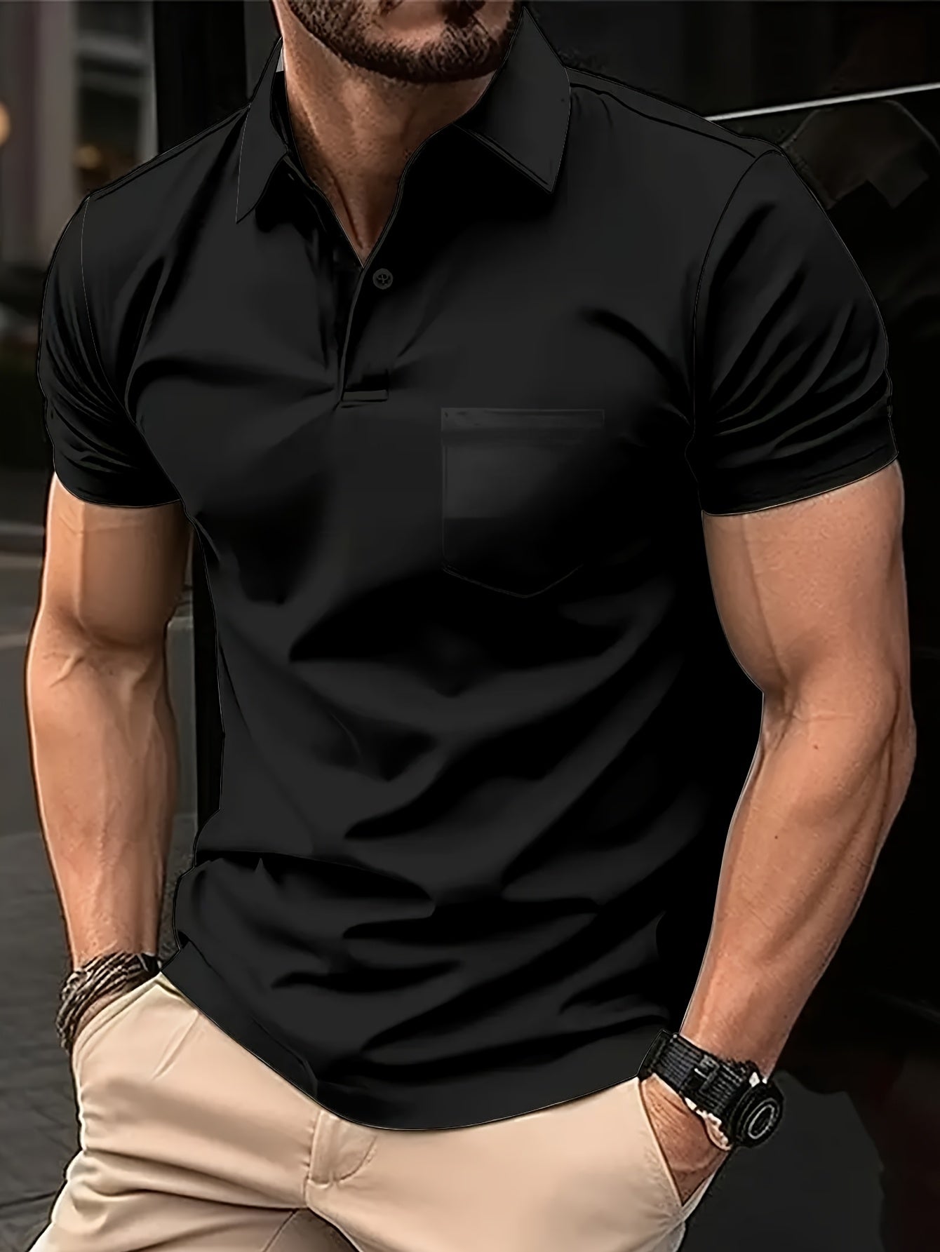 Men's Black Short Sleeve Shirt in Polyester Knit, Regular Fit with White Collar and Pocket, Ideal for Golf or Semi-Formal Wear.