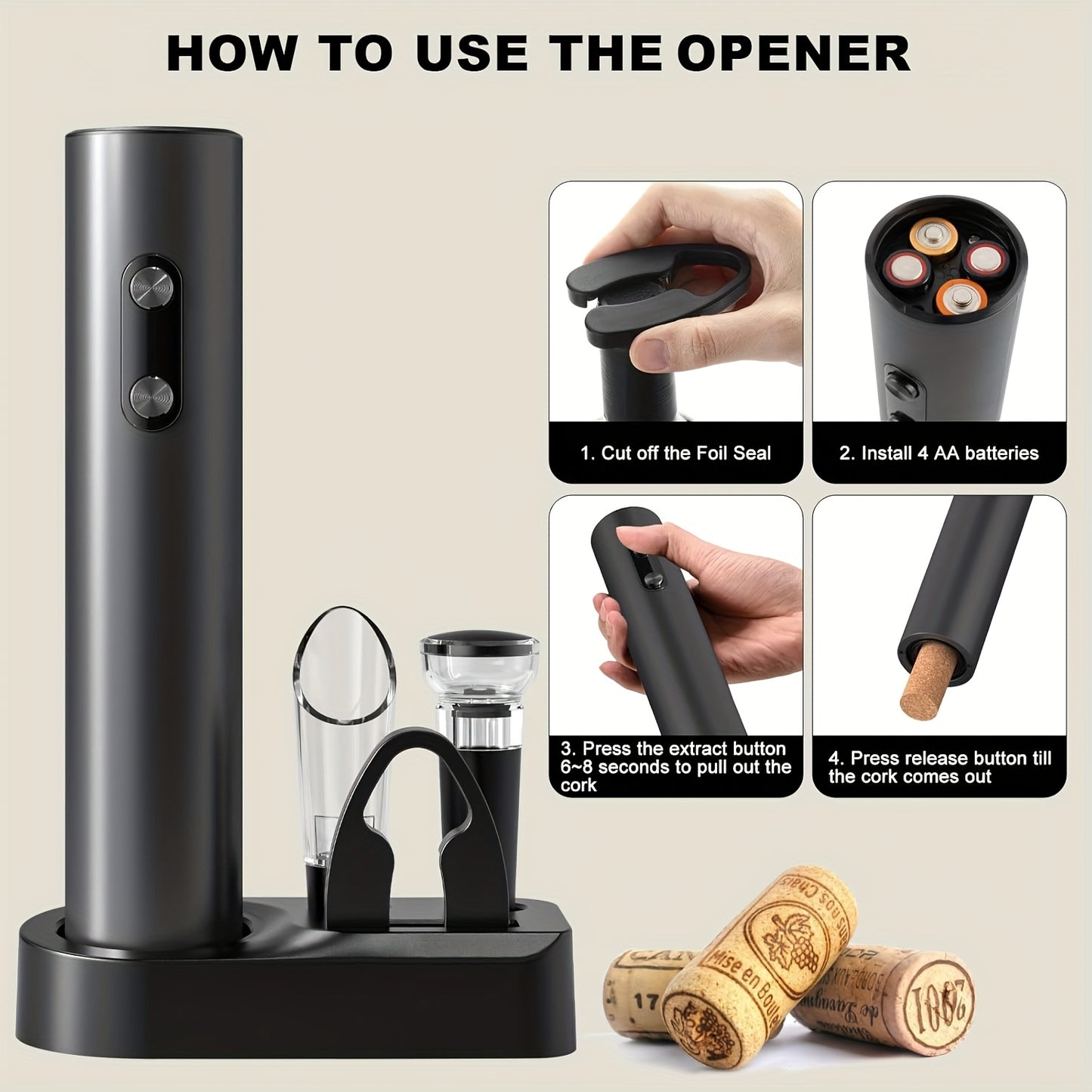 Electric wine opener set includes foil cutter and vacuum seal; battery-powered and easy to store; ideal for home bars and restaurants.