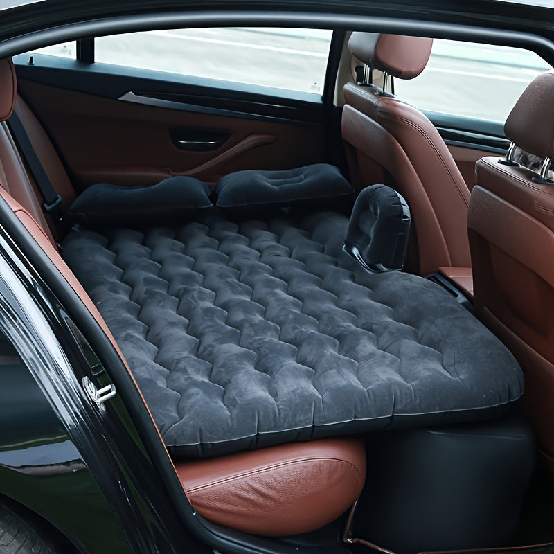 PVC self-inflating air mattress for vehicle rear seat, single person, includes stuff pouch, no repair kit required.