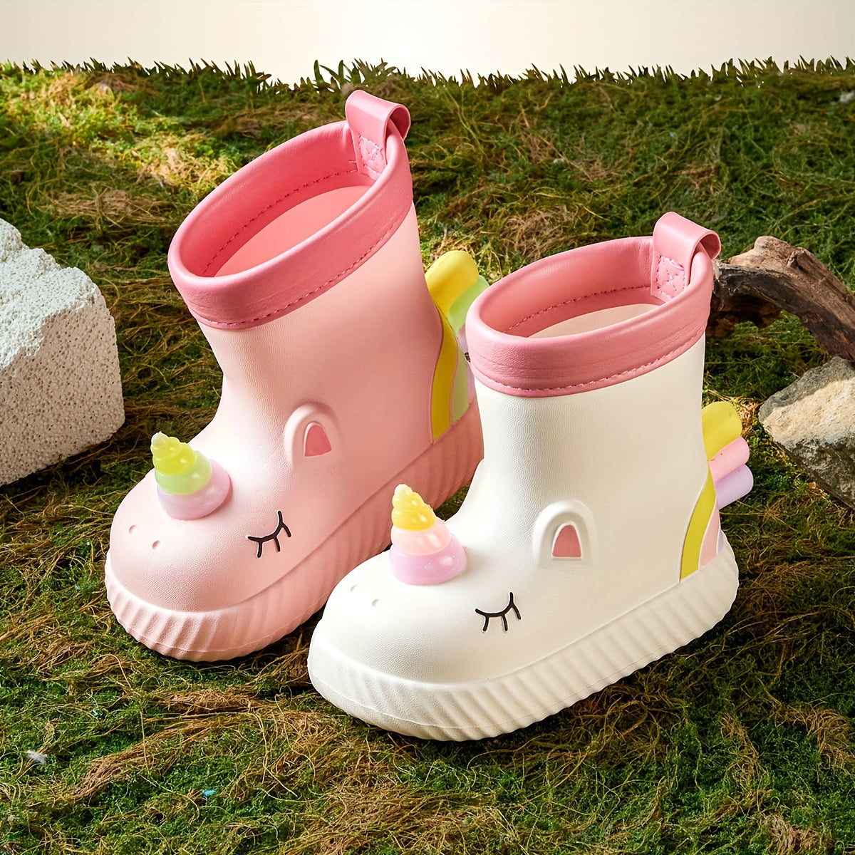 Waterproof Unicorn Cartoon Rain Boots for girls in Pink & White, ideal for outdoor play and school in fall/winter. Made from comfortable EVA material with non-slip soles.