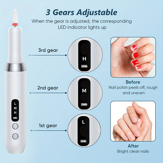 Electric nail drill for professional manicures, skin exfoliation, nail polishing, and grinding.