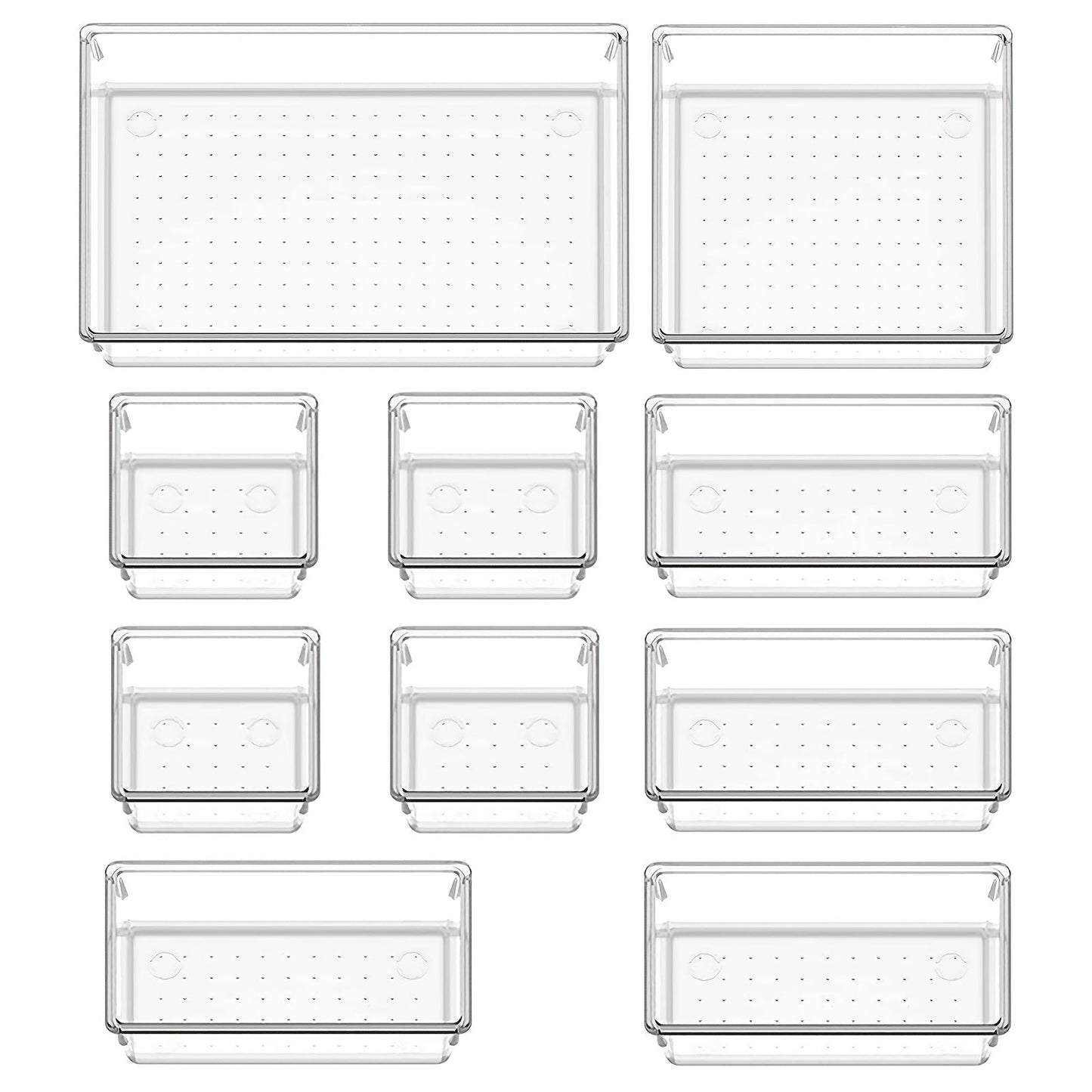 Desk Drawer Organizer Set of 10 or 20 Pieces: Plastic Vanity Trays in 4 Sizes for Organizing Drawers in Dresser, makeup, Kitchen, Office, or Bathroom