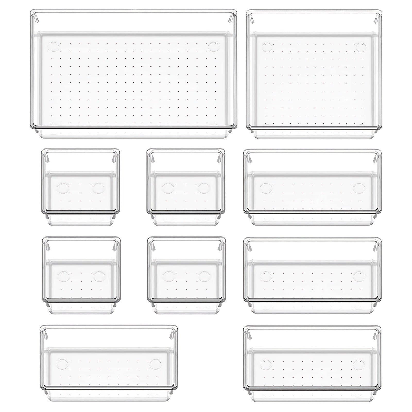 Desk Drawer Organizer Set of 10 or 20 Pieces: Plastic Vanity Trays in 4 Sizes for Organizing Drawers in Dresser, makeup, Kitchen, Office, or Bathroom