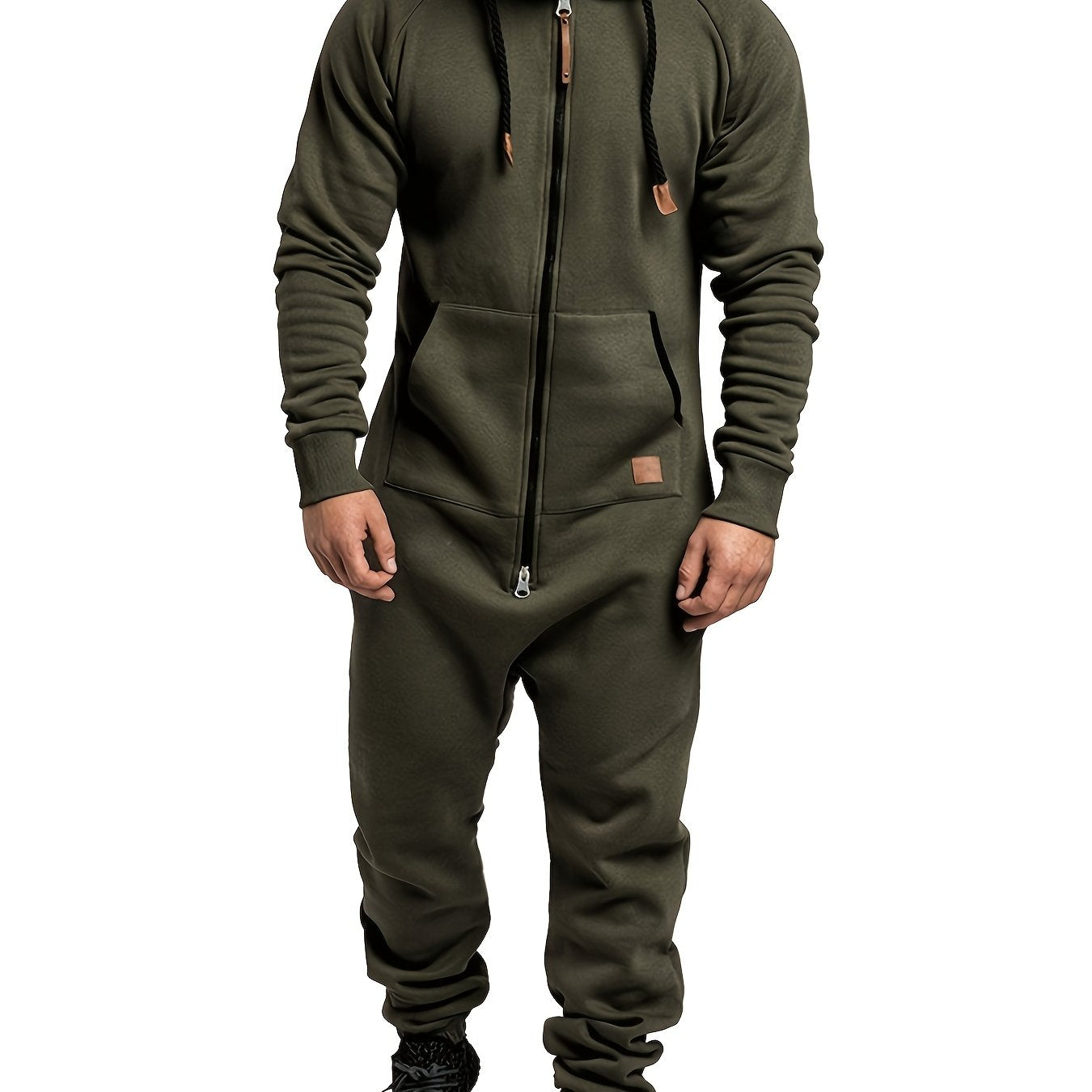 Men's beige polyester jumpsuit with hood, long sleeves, zip-up front, and pockets, suitable for machine washing in autumn and winter.