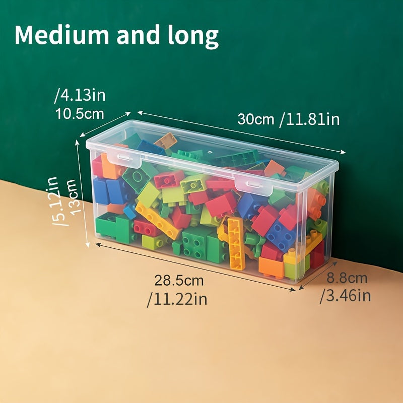 Durable plastic storage box with flip lid for building blocks, toys, and office supplies.