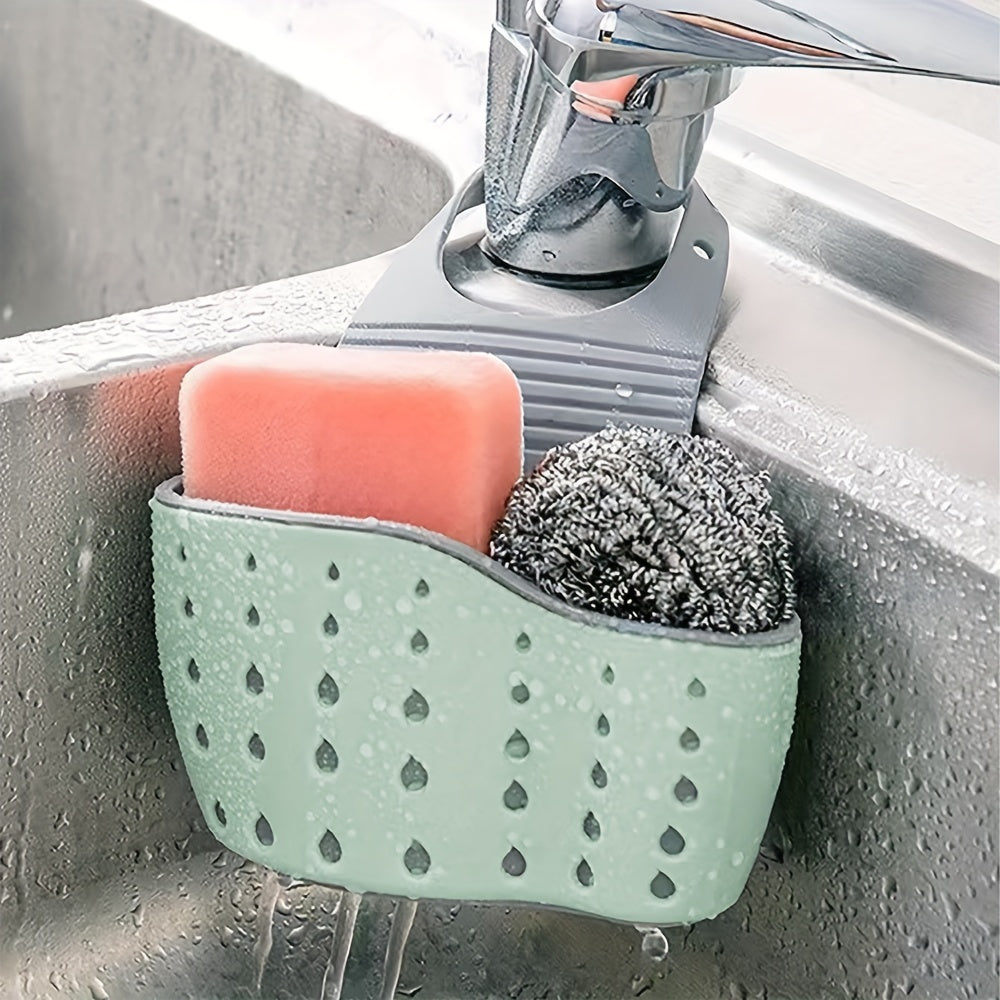 Storage bag that snaps on and adjusts to fit faucets, bathroom organizer rack, and sink caddy designed for kitchen use.