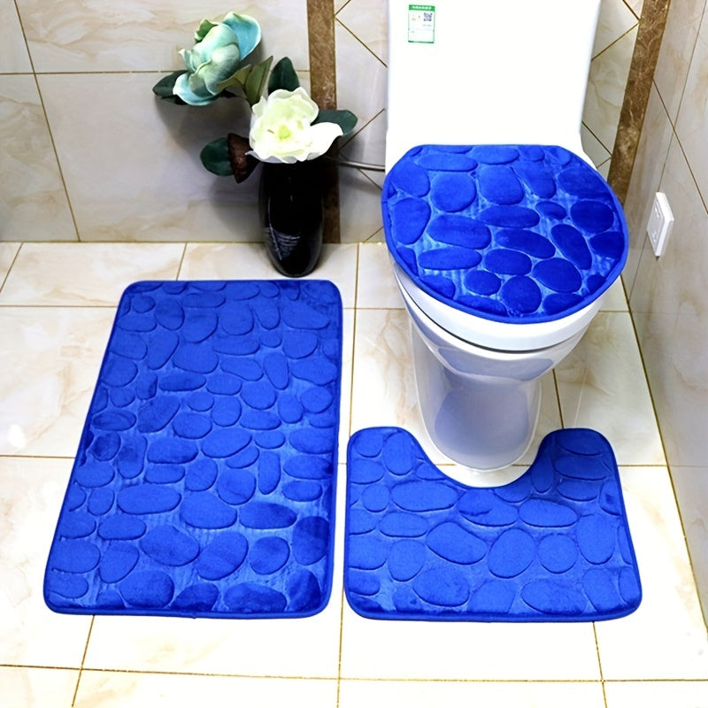 Collection of 1/3 Plush and Highly Absorbent Bath Mats, Including Non-Slip Rugs, U-Shaped Contour Mat, and Toilet Seat Cover. These Mats Feature a Beautiful Floral Embossed Design with Slip-Resistant Backing, Excellent Water Absorption Properties, and