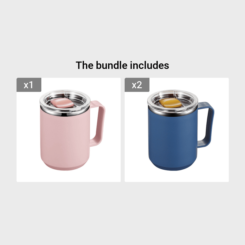 Insulated stainless steel coffee mug with handle and lid for office, outdoor, and school use.