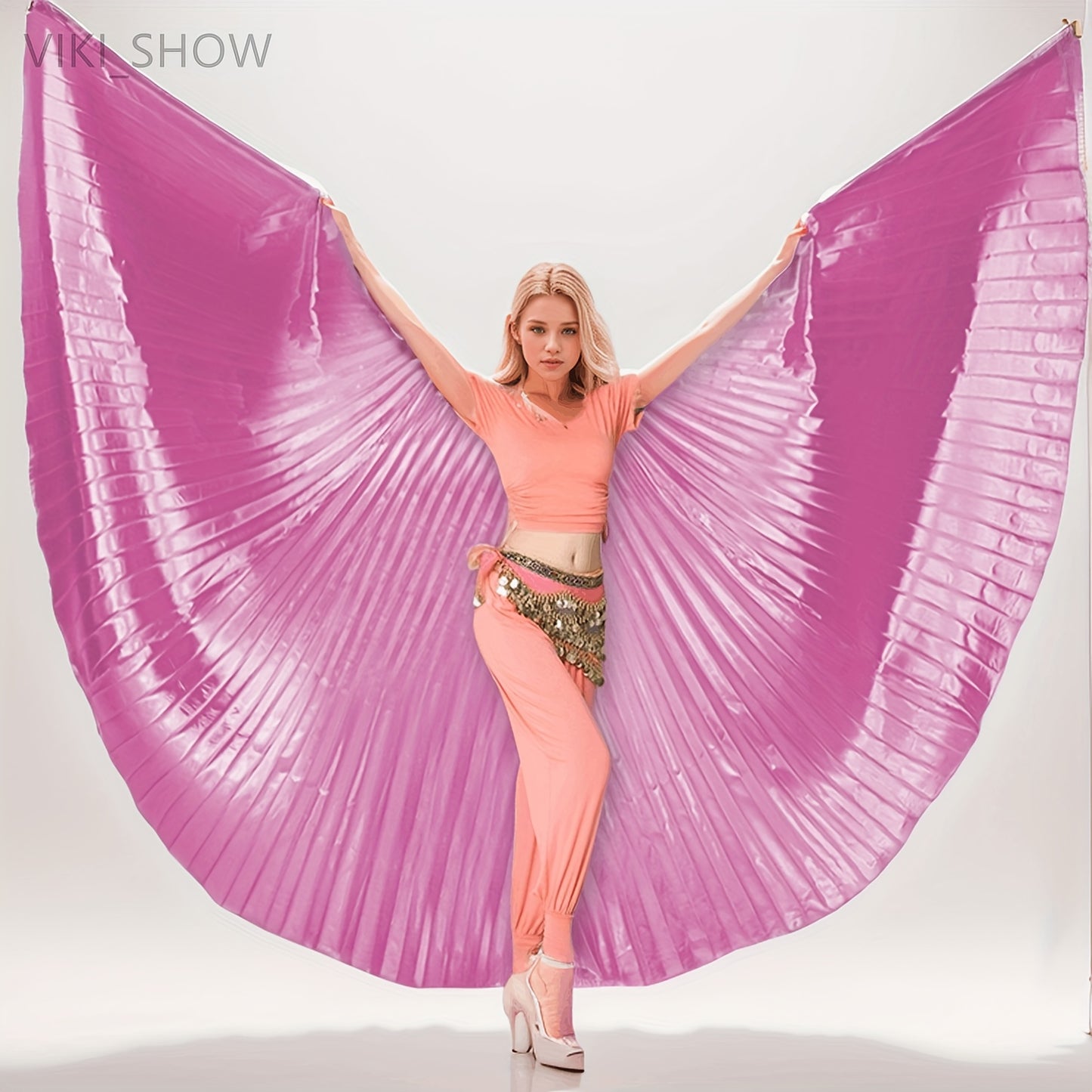 Golden Butterfly Wings Belly Dance Costume with 360° cape, telescopic sticks included. Fits height 61-69.