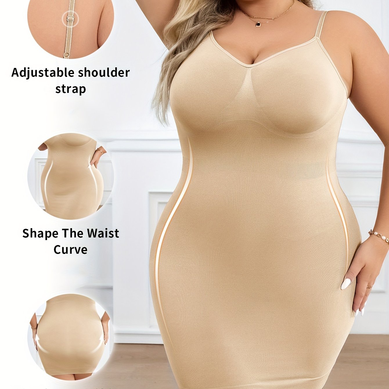 Plus size slip shapewear dress with built-in bra, adjustable straps, and seamless tummy control.