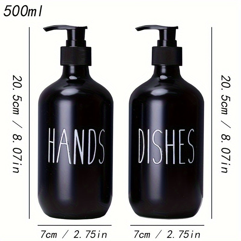 Set of 2 plastic soap dispensers for dish and hand soap, with refillable empty bottles for home decor and bathroom accessories.