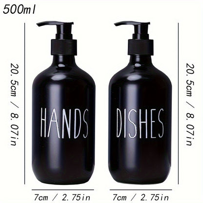 Set of 2 plastic soap dispensers for dish and hand soap, with refillable empty bottles for home decor and bathroom accessories.