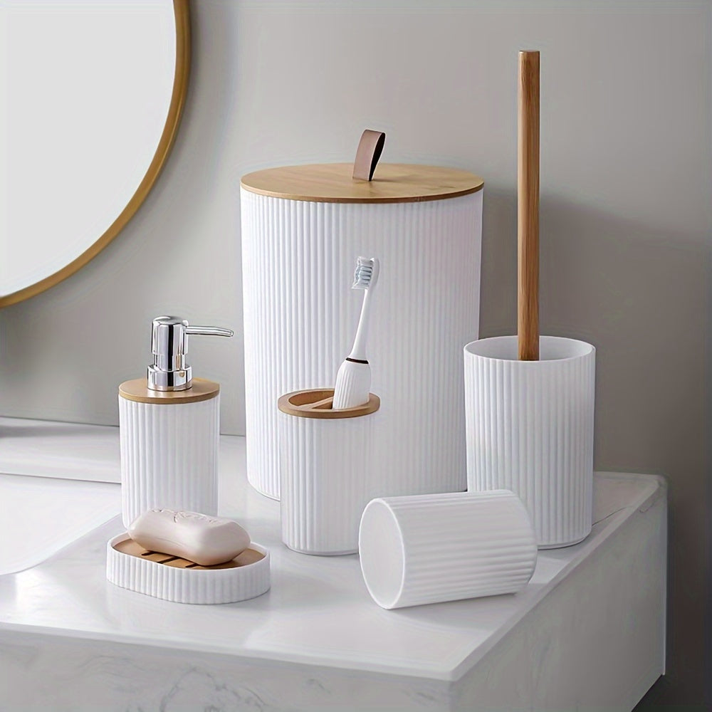 6 piece bathroom set with trash can, toothbrush holder, soap dispenser, soap dish, toilet brush. Great housewarming gift.