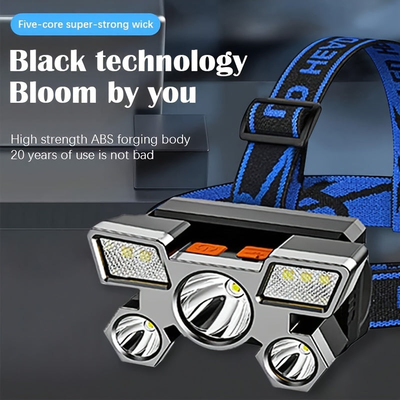 Rechargeable headlamp with long-range, super bright light for outdoor activities and exploration.