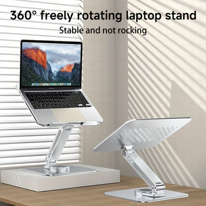 Aluminum laptop stand with 360° rotating base, ergonomic design, dual adjustment knobs, sturdy and non-slip. Fits MacBook and all laptops up to 40.64cm, ideal for home office.