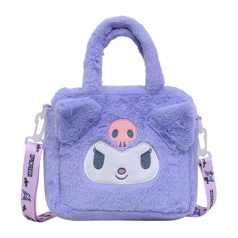 Sanrio plush handbag with Hello Kitty, for Kuromi, My Melody, and Cinnamoroll wallets, and cute fluffy crossbody bag from anime series.